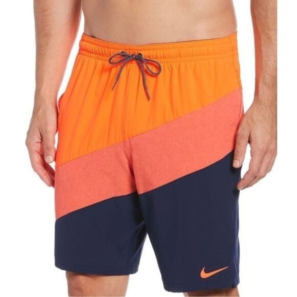 Nike Mens Size Small Orange Navy Color Block Swim Trunks Board Shorts NESS9445